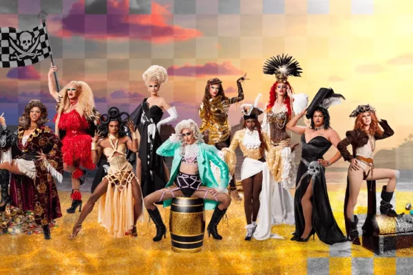 The cast of RuPaul’s Drag Race Down Under season three, in pirate garb! (Photo: TVNZ, Image Design: Tina Tiller)